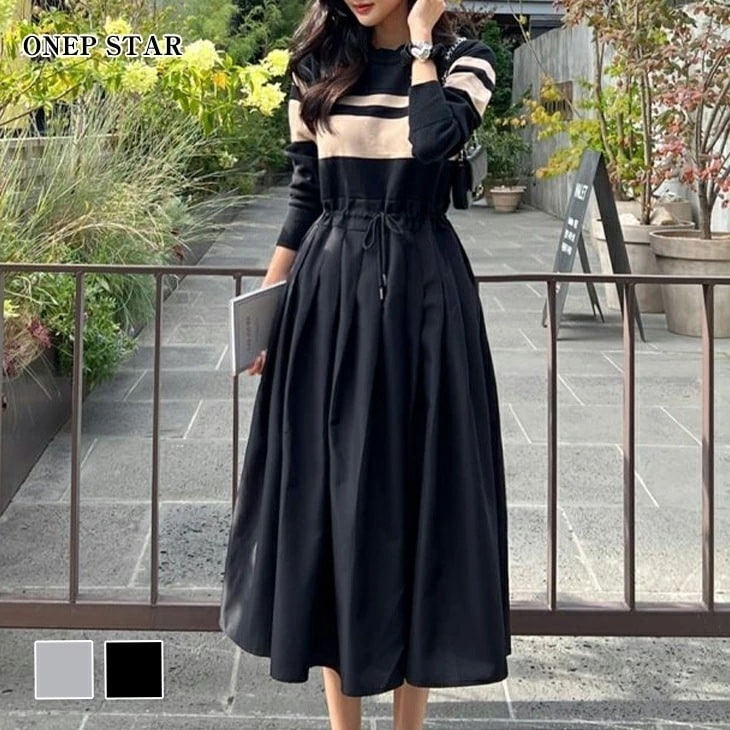 【在庫一掃】ボーダー柄 Aライン ワンピース 長袖 レディースファッション ラウンドネック ゆったり 楽ちん カジュアル オフィス 仕事着 あったか 暖か ふんわり 20代 30代 40代 50代 6