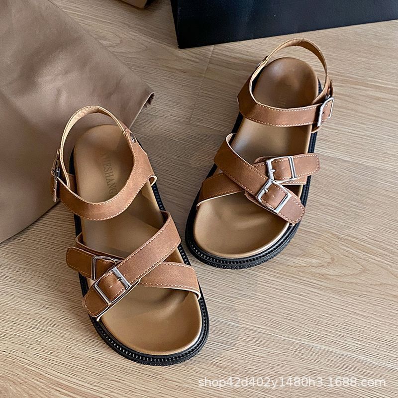 厚底サンダル 話題！トングサンダル 女性用厚底ローマンオリジナルソフトレザーバックルサンダルソフトソールカジュアルサンダルビーチシューズ 韓国ファッション