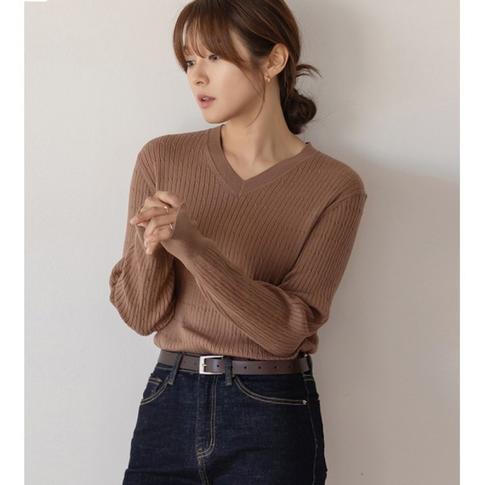 (Elysia) エリンケーブルプレッツェル VネックニットTシャツ