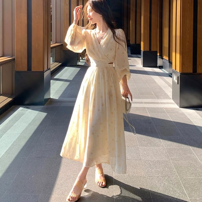 レディース ワンピース ミモレ 長袖 Vネック フレア Aライン シフォン ふわふわ かわいい 大人可愛い きれいめ シンプル カジュアル 上品 おしゃれ レトロ アジアン エスニック