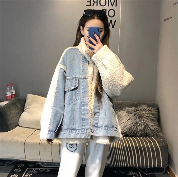 秋冬 縫付 デニム 暖かい 厚手 アウター 新品 子羊の毛 綿の服 寒かく冬 体型カバー