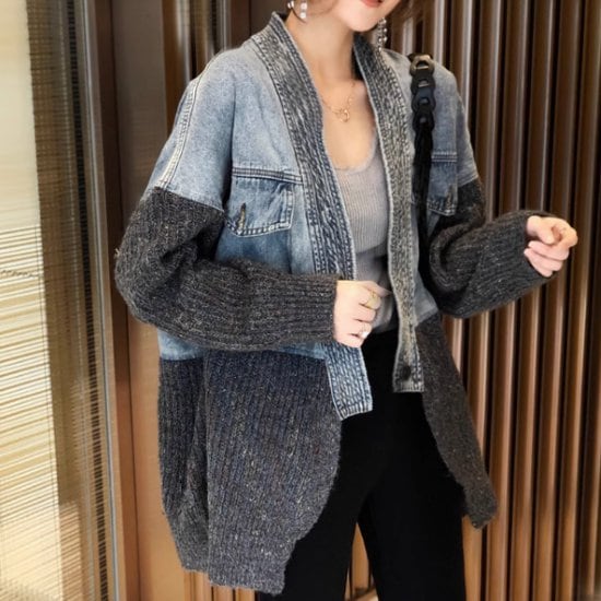 デニムジャケット レディース ジャケット 羽織 アウター 異素材ミックス デニム ニット 個性的 長袖 カーディガン カジュアル お出かけ おしゃれ ファッション ライトアウター ノーカラー