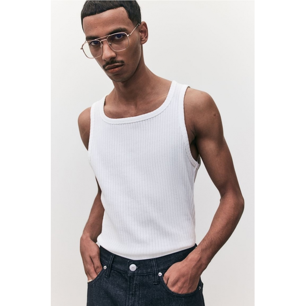 H&M スリムフィットリブ付きノースリーブトップホワイト