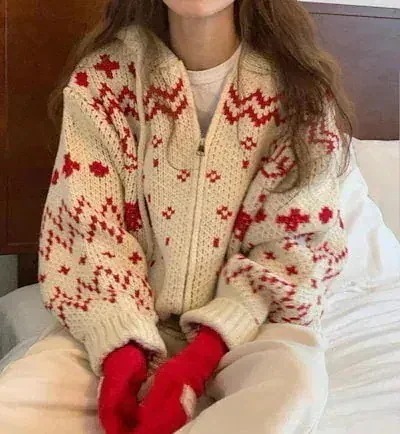 【3日出荷】レディースファッション トップス ニット ニットパーカー フーディー ノルディック柄 韓国ファッシ