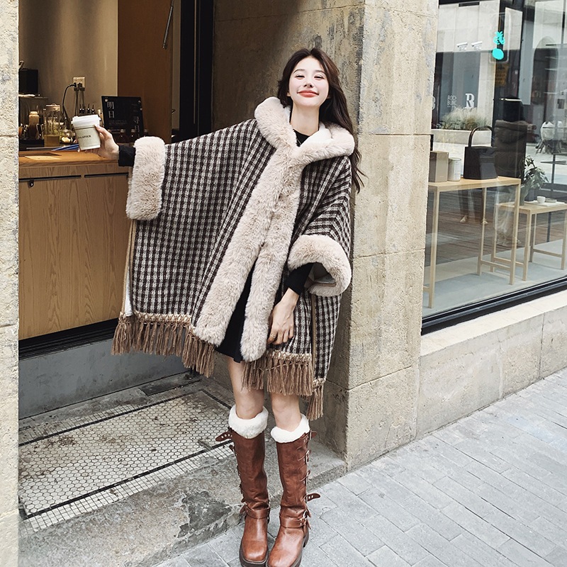 レトロフード付きチェック柄ケープショールツイードジャケット2024新作ベルベット厚手タッセルツイードコート