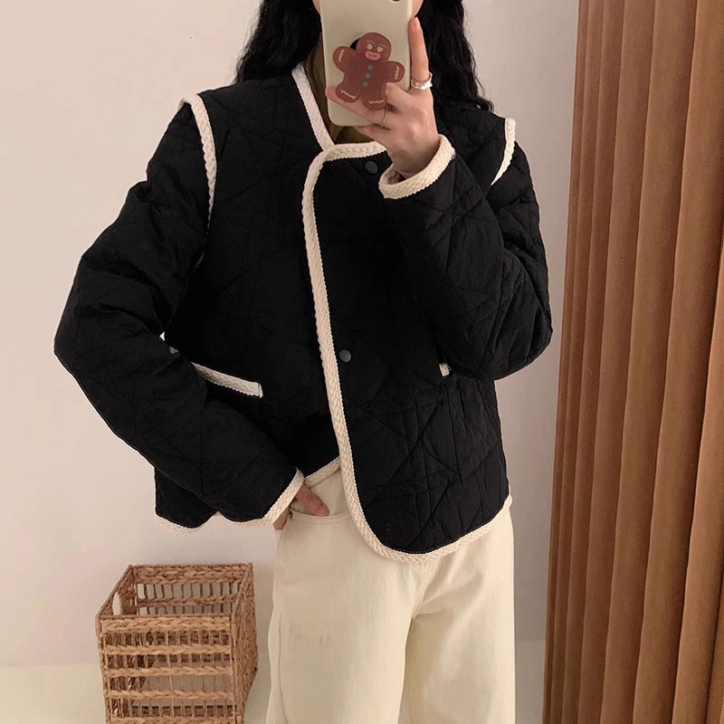 小香風衝突色白鴨パイルダウンジャケット女2024新甘い丸首気質保温小柄コート潮