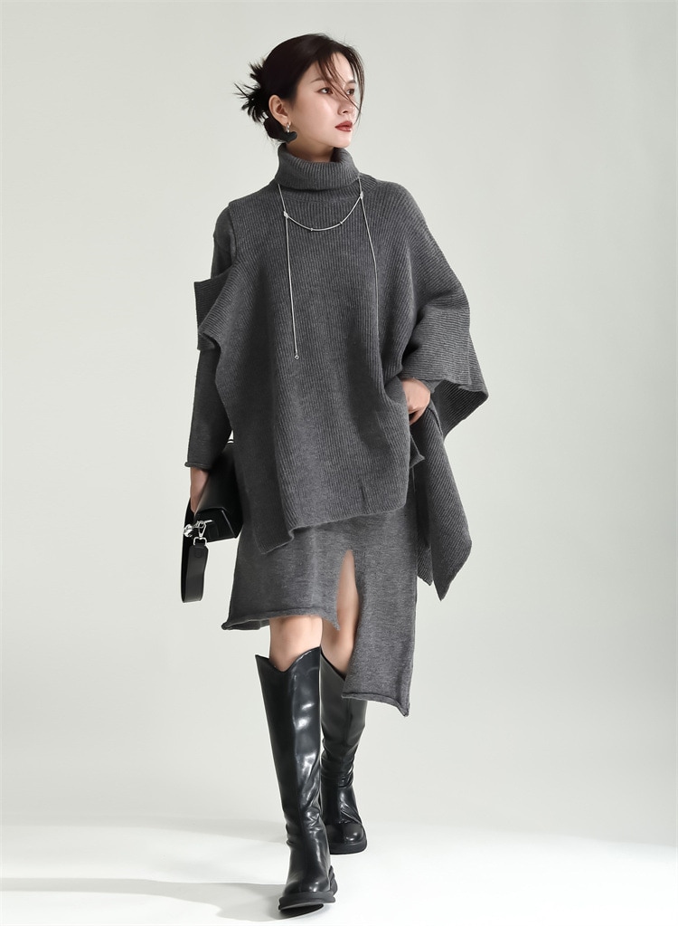 早い者勝ち デザインセンス ニットワンピース スリム 2点セット イレギュラー マント コート 快適である