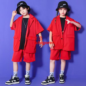 ダンス衣装 男の子 スーツ レッド 2点セット 女の子 上下セット hiphop K-pop キッズ 半袖 ショーツ 舞台 団体服 学生 ダンスウェア jazz 演出 学園祭 110-180