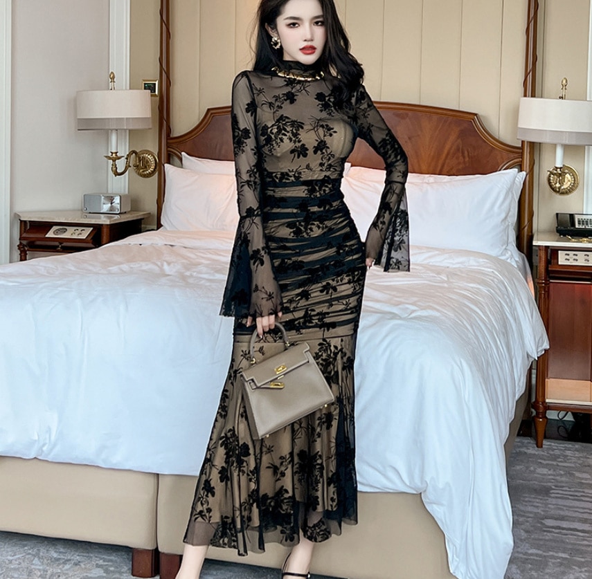 ドレス マーメイドドレス ワンピース パーティードレス 総レース 結婚式 披露宴 二次会 食事会 パーティー ミディ丈 ミモレ丈　パーティードレス 30代