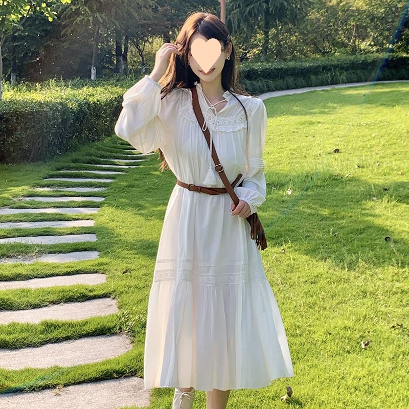 【1つ買うと10つ無料】ホローウエストドールプリンセススカートホワイトロングスリーブドレス女性の感覚ホリデースカート