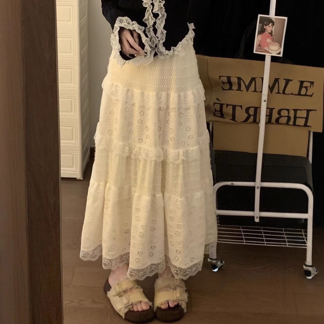 【1つ買うと10つ無料】2025ファッショナブルで汎用性の高いの粉砕レースは秋と冬のレースミッドレングスケーキスカートスカート