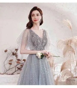 母の日ウェディングドレス二次会ドレスグレー演奏会ドレス（カラードレス）豪華ウェディングドレス星柄Aラインドレスロング丈スレンダードレスキラキラ編み上げ個性派海外ウエディング演奏会/結婚式/披露宴カラー