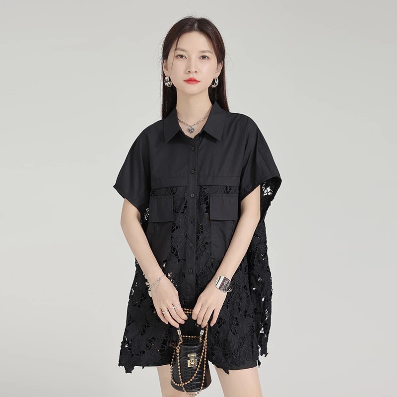 重工焼花透かし彫りペンダント感抗シワシャツ中長タイプロングシャツコート女夏