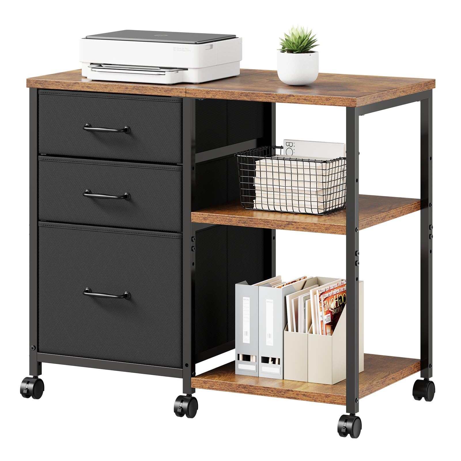 サイドキャビネット デスクワゴン 布製 袖机 層板付き サイドワゴン 3段 オフィスワゴン A4対応 プリンター台 大容量 キャスター付き デスク下収納 ビンテージ+ビンテージ