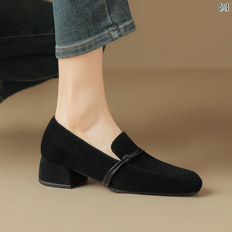 ローファー レディース オフィス ビジネス 通勤 仕事 フレンチ ヌバック シープスキン 厚手 ヒール 春秋 女性用 ハイヒール シューズ L サイズ