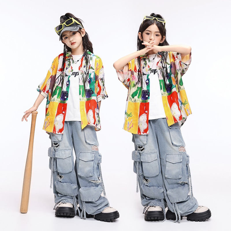 女児ジャズダンスパフォーマンス服 ヒップホップランウェイセット 小学生ドラム演出服