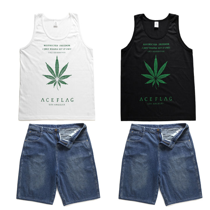 ACE FLAG 上下セット ノースリーブ Tシャツ デニム ハーフパンツ メンズ 白/黒 大きいサイズ エースフラッグ セットアップ ビッグシルエット 大麻