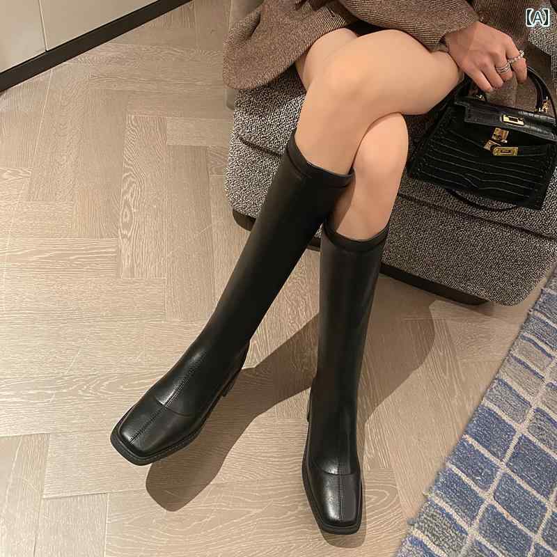 ロングブーツ レディース タイトフィット シンプル おしゃれ スタイルアップ 女性用 茶色 ブーツ トール ブーツ 太い ヒール 伸縮性 スリム ブーツ