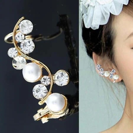フラワーパールイヤリング 片耳 右耳用にも 左耳用にも 両耳 イヤーカフ イヤーフック レディース イヤーラップ 真珠 花 クリスタル ラインストーン デート 結婚式 ew-00-0020255