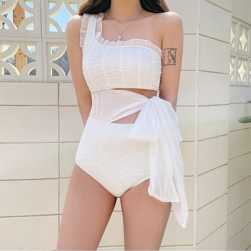 水着 ビキニ スイムウェア レディース モノキニ ワンピース ワンショル リボン フリル ウエストマーク ウエストリボン バックシャン ハイウエスト シャーリング かわいい 大人可愛い シンプル