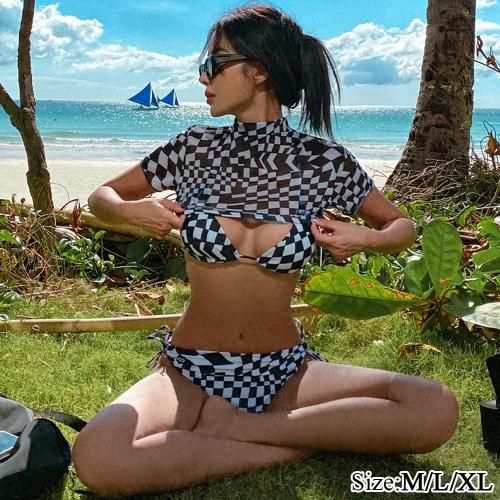 【グラシア】 水着 レディース ビーチウェア スイムウェア 流行 海 プール セット水着 トライアングル ストリング スポーティ ビキニ ブラック×ホワイト M L XL セット水着