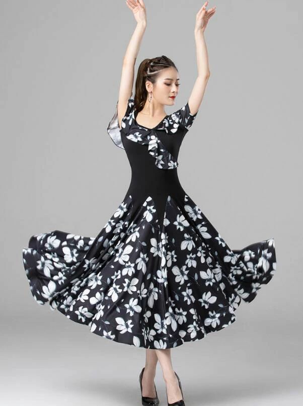 上品 社交ダンス専用ダンス ドレス 優雅 演出服競技用 ワルツドレス エレガント ステージ衣装 踊りドレス イベント服スタンダードダンス 舞台 ロング丈ワンピース ダンスウエア 大きい裾 練習着 半