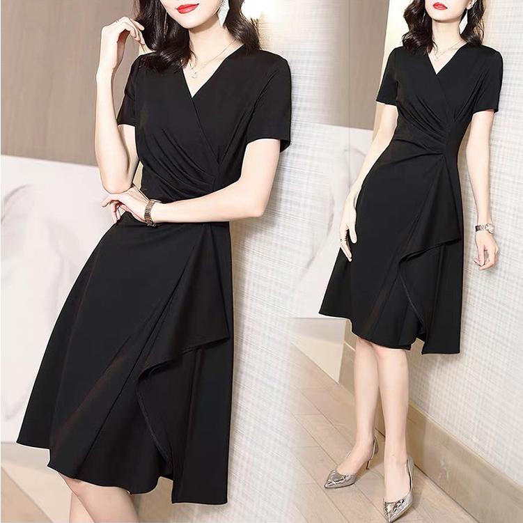 ワンピース レディース キレイめ 膝丈ワンピース 春夏 半袖ワンピース ｖネック 黒 aラインスカート オシャレ 黒ドレス 体型カバー 大人可愛い30代