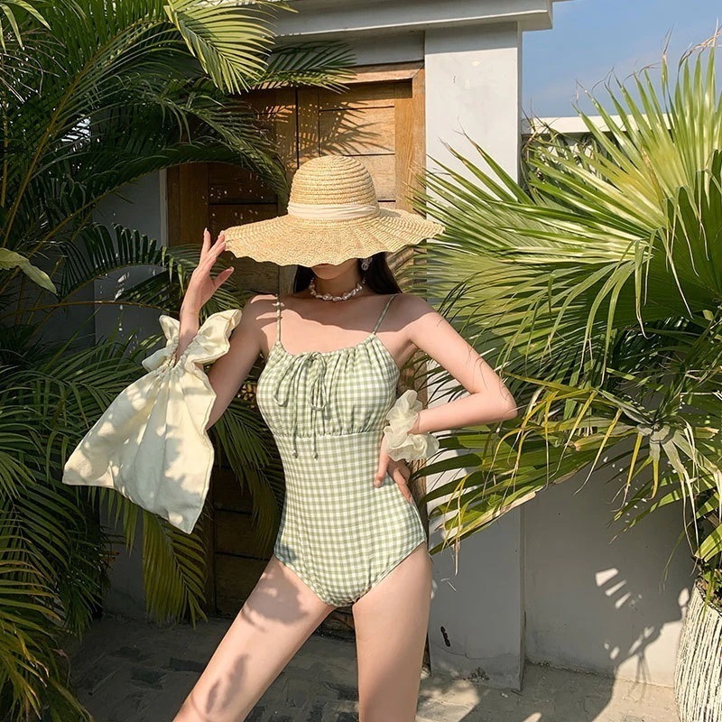 韓国人気商品チェック気質カジュアルスリム見えギャザリングキャミソール美背オールインワン水着ins着痩せセクシー