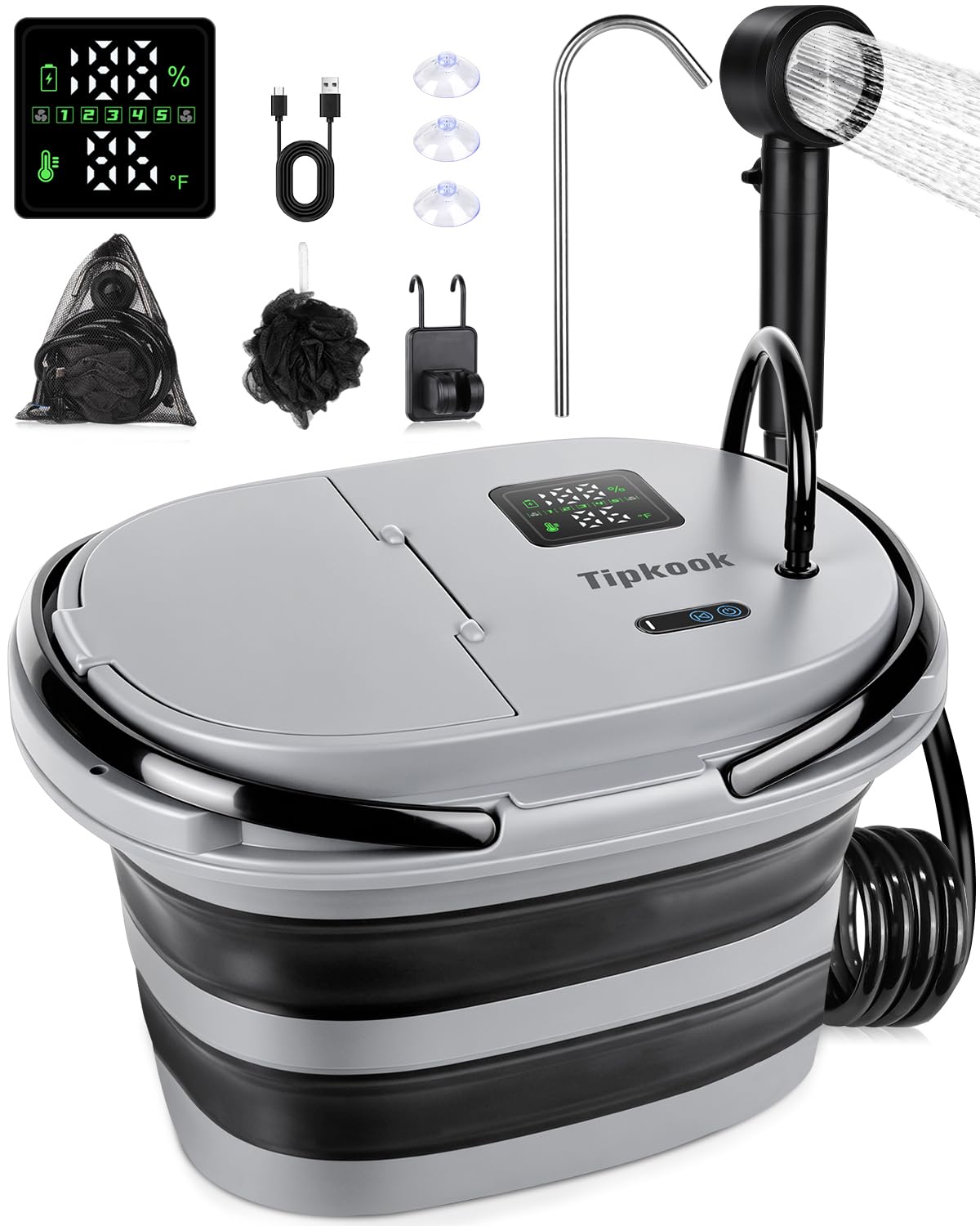 ポータブルシャワー【13000mAh-一体型】Tipkook 電動シャワー 20L折り畳み式バケツ型アウトドアシャワーポンプ USB充電式 5段階のスピード調整 デ ジタル画面 水流量無段階調節 収納