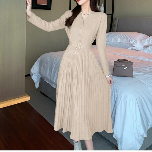 ワンピース レディース ミモレ丈ワンピース ワンピ 長袖 プリーツスカート プリーツ Aライン ニットワンピース ニットフロントボタン ボタン Vネック ベルト ハイウエスト 脚長効果 脚長