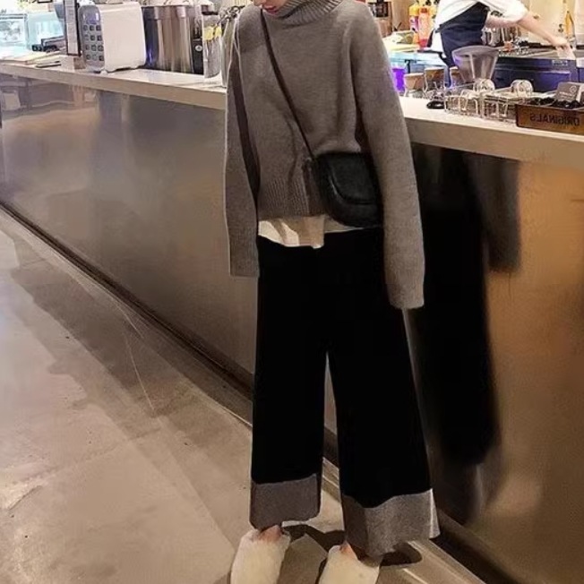 2点セット レディース トップス パンツ ボトムス ニット セーター プルオーバー セットアップ ロングパンツ ワイドパンツ ツーピーストップス ロング タートルネック ワイド 裾ワイド もこもこ