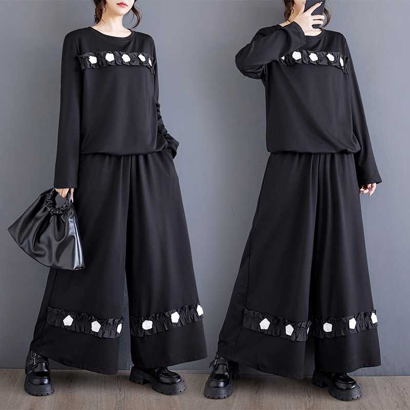 「ファットガール」 2024秋新品 上下セット 花飾り ドッキング 大きいサイズ 体型カバー レディース セットアップ メガ割30%までに制限