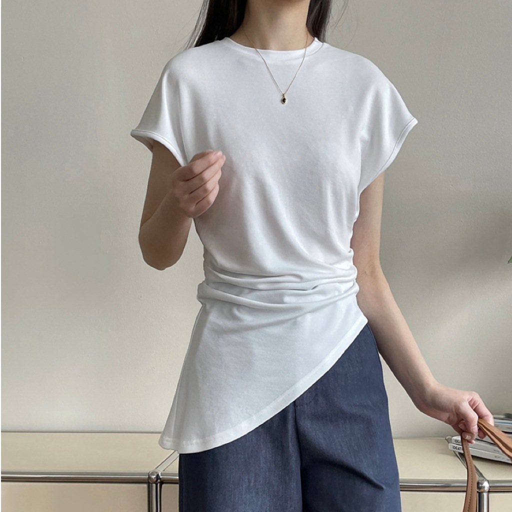 レディース トップス カットソー プルオーバー ミディアム フレンチスリーブ クルーネック 襟なし タイト スリム 細身 アシンメトリー 着痩せ効果 ギャザー 大人可愛い きれいめ シンプル