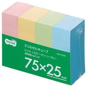 （まとめ）TANOSEE エコふせん キューブ 75x25mm 4色 1パック（4冊） [x10]
