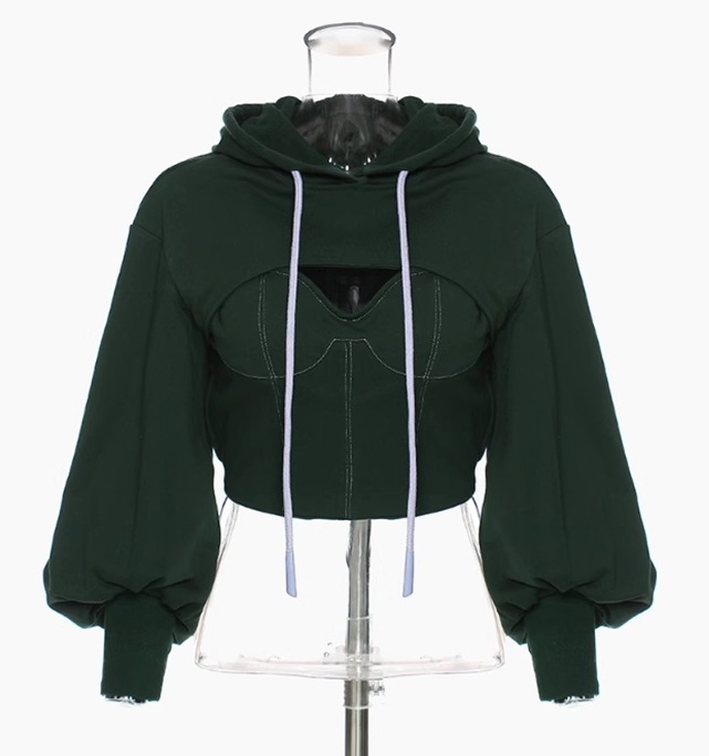 レディース トップス トレーナー キャミソール スウェット ミニ ショート 長袖 ボリューム袖 フード スリム ドッキング ストリート ドロスト ドッキング 中厚手 綿 スウェット かわいい