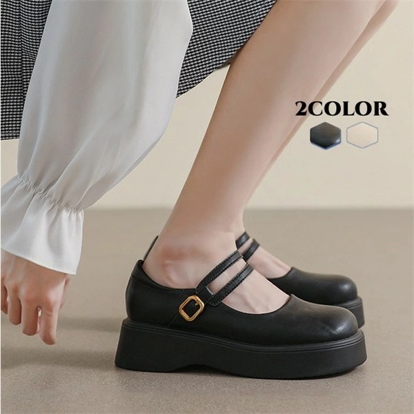 メリージェーン 厚底 靴 大人 子供 レディース シューズ ダブルベルト ストラップ おでこ靴 留め金 女子学生 プラットフォーム 通勤 通学 日常 かわいい オシャレ カジュアル シンプル 定番 黒