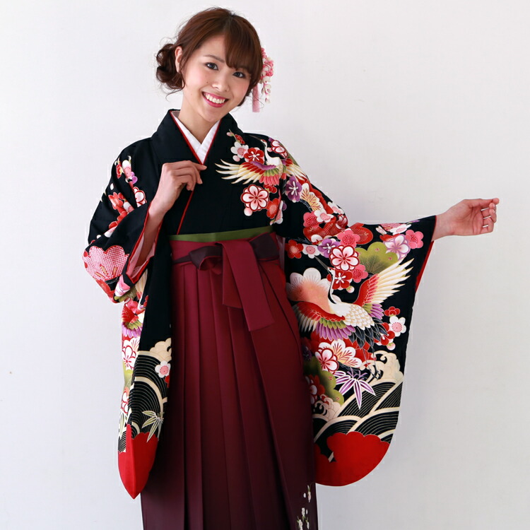 レンタル卒業式 袴 レンタル 女 袴セット 女 卒業式袴セット2尺袖着物&袴 フルセットレンタル 安い 黒地に波と鶴 松 竹 梅 桜 綸子ハカマ はかま rental
