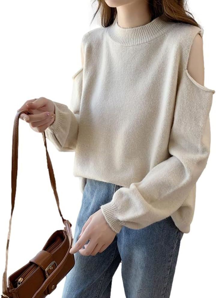 肩出しセーター ショルダーカット 長袖 ラウンドネック ニット ゆるシルエット パフスリーブ ヘルシーコーデ 大人リラクシー レディース( ベージュ, M) 4,987円