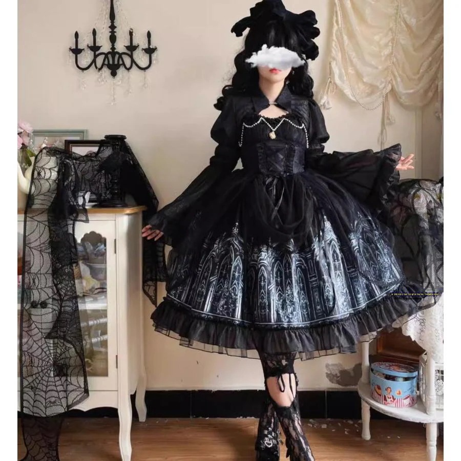 推奨暗黒 ゴスロリ ロリータ ワンピース ジャンパースカート 膝丈 ミドル丈 ロリータ ドレス 裾にフリル ウエストにリボン締め sk ロリータファッション パール ス%o
