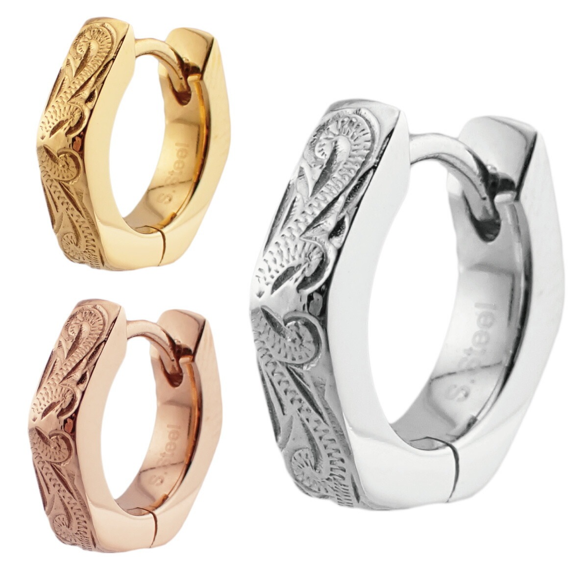 フープピアス レディース 片耳用 1個売り サージカルステンレス製 六角形 ハワイアンジュエリー