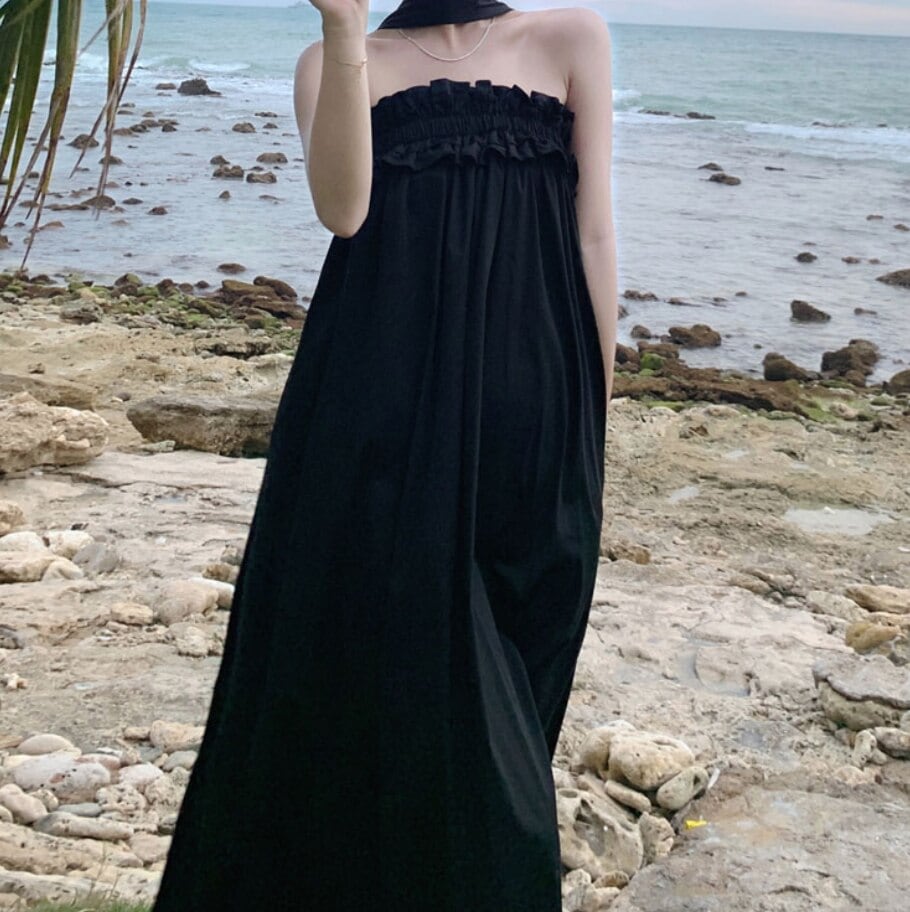 ワンピース チューブトップ タイト マキシ ロング ホルターネック セミフレア ギャザー チョーカー かわいい 大人可愛い きれいめ おしゃれ 春 夏 デート リゾート S XL ブラック 5,042円