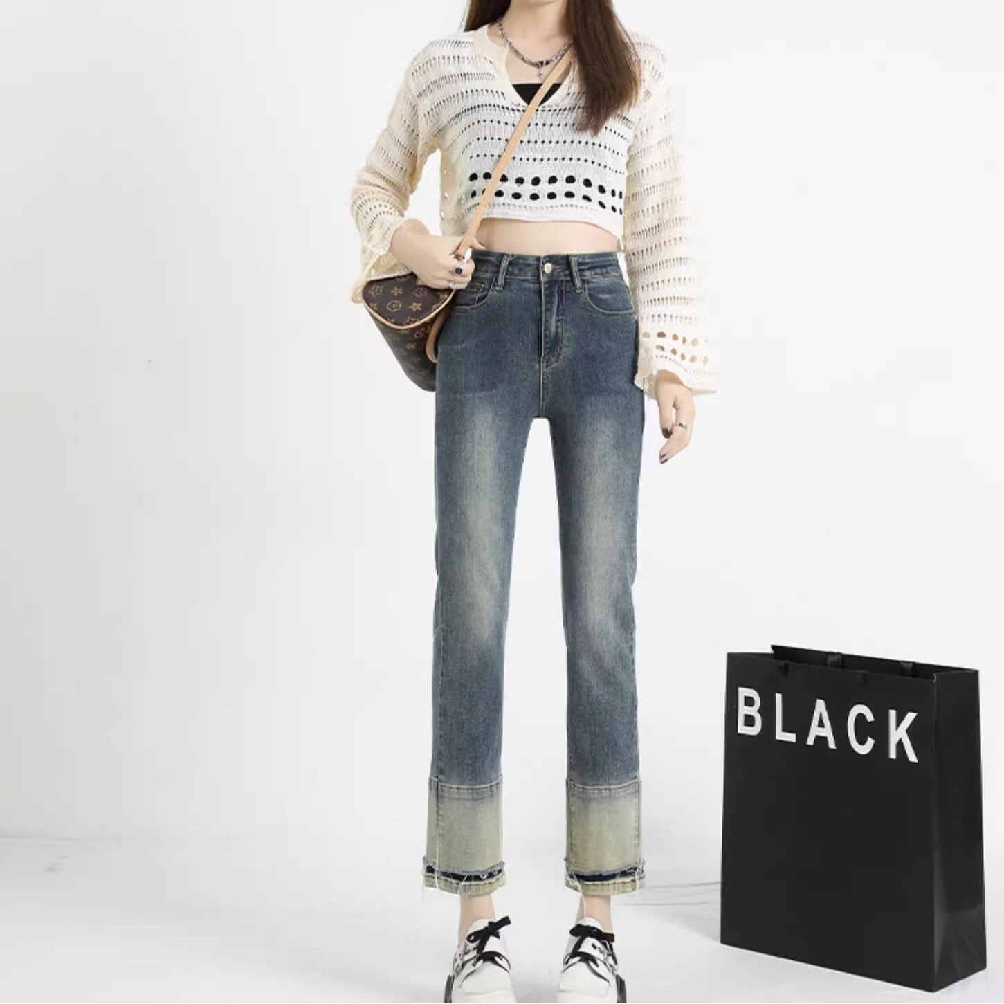 パンツ ボトムス レディース デニム デニムパンツ 9分丈 アンクル丈 クロップド丈 タイト スリム 細身 ストレート ファスナー ポケット ハイウエスト ヴィンテージ アメカジ ダメージ ウォッシュ