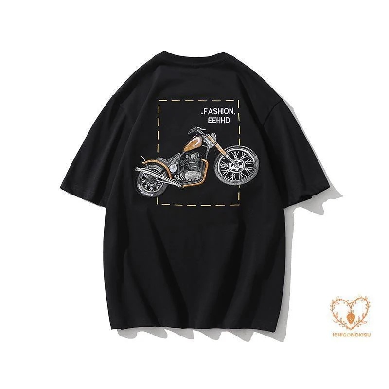 大人气出荷が早い-tシャツ メンズ 半袖 綿t バイク刺繍 オシャレ 半袖t メンズ カットソー 綿生地 吸汗 トップス 丸首 ホワイトt 黒