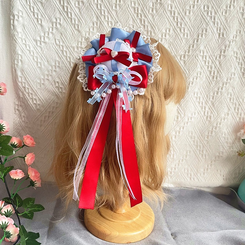 ロリータリトルフレッシュチェリーレッド生地リボントップハットスイートレースヘアアクセサリーストロベリーピクニックヘアクリップ