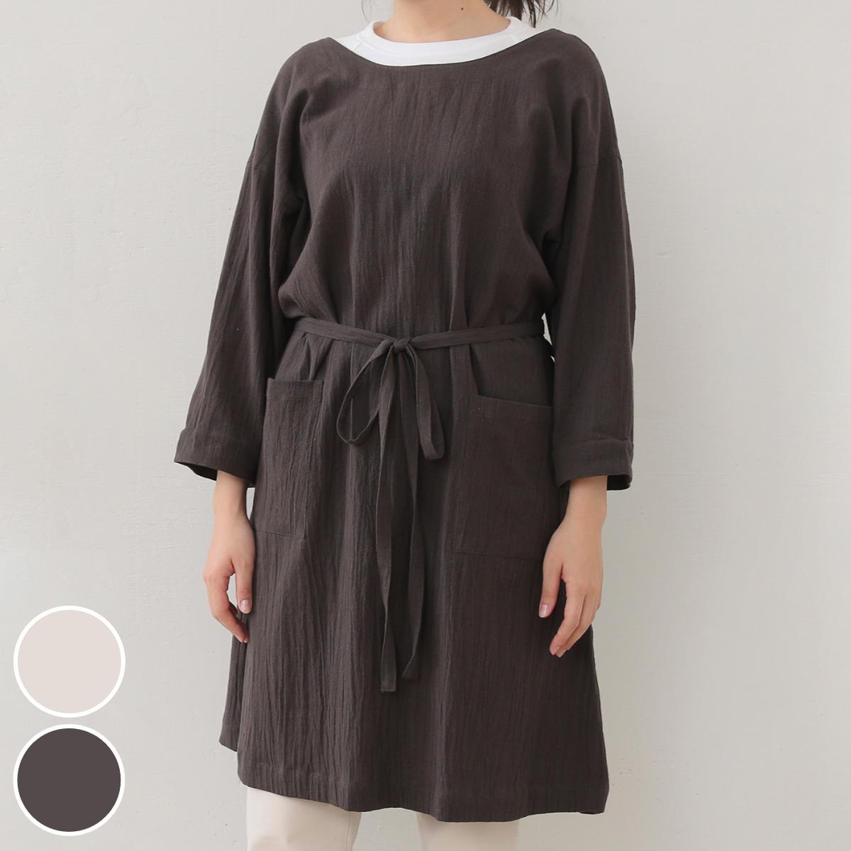 エプロン atelier Nuuit カッポウギ 七分袖 アトリエヌイ 割烹着 かっぽうぎ 台所エプロン ポケット付き 袖付き おしゃれ ワンピースエプロン 七分 袖 無地 シンプル 大人用