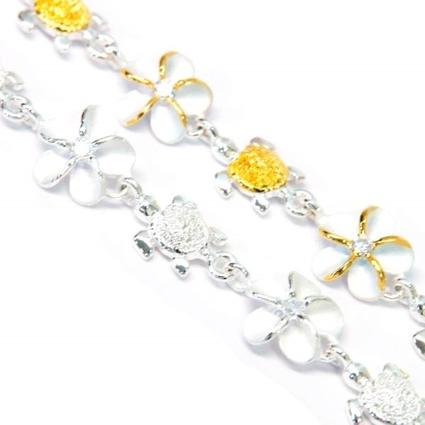 ハワイアンジュエリー ブレスレット プルメリア 花 ホヌ 海ガメ クリアジルコニア レディースシルバー925 イエローゴールド/シルバー