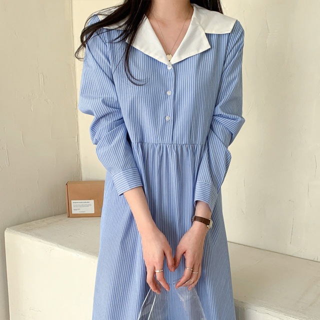 送料0円! 韓ファッション 半オープン配色カラーセラロングワンピース（ops1236）