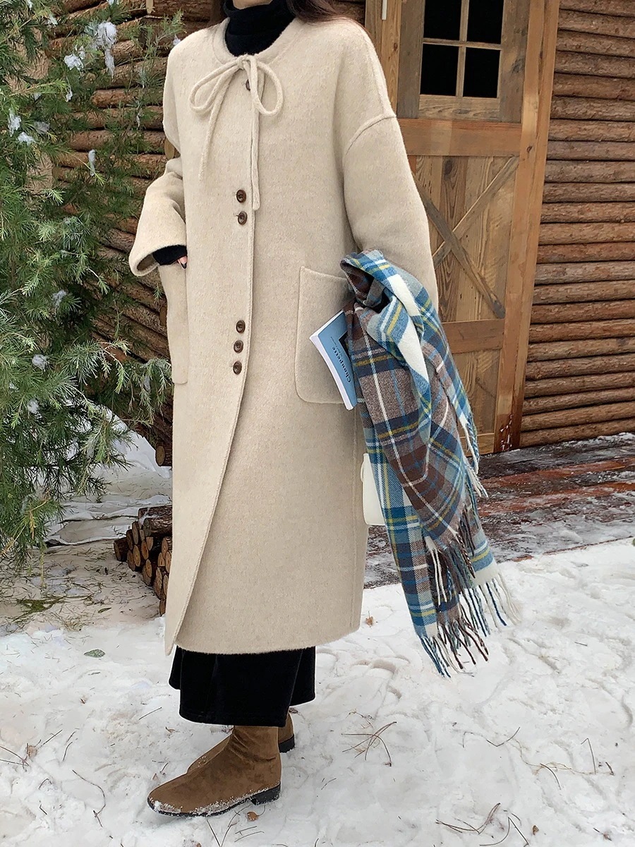 韓国系リボンリボンウールリバーシブルコート