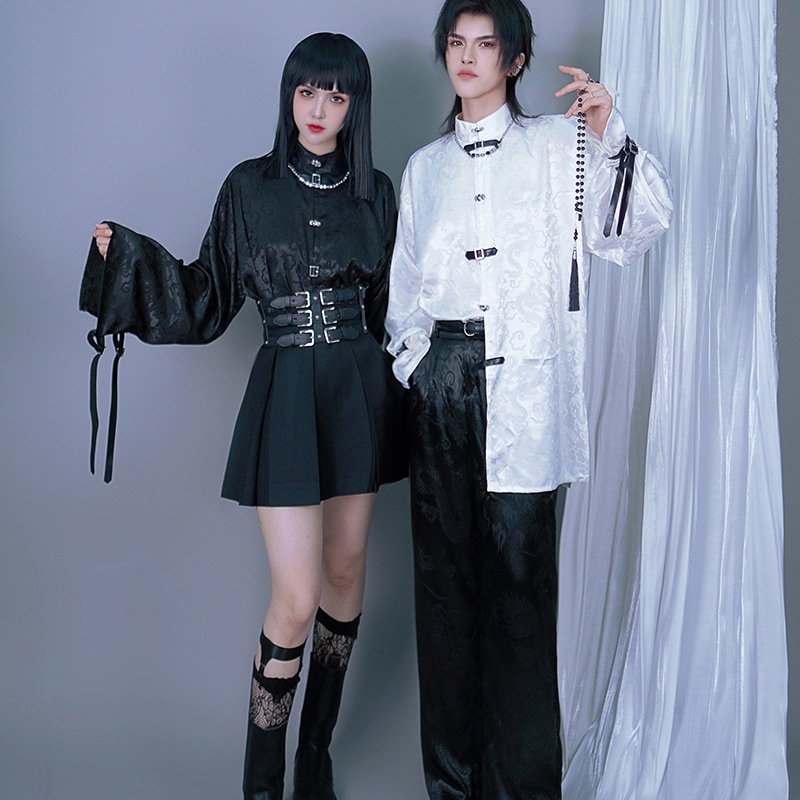 チャイナ風シャツ 長袖 龍紋ジャガード トップス ユニセックス スタンドカラー 改良漢服 レディース メンズ 黒/白 モダン 男女兼用