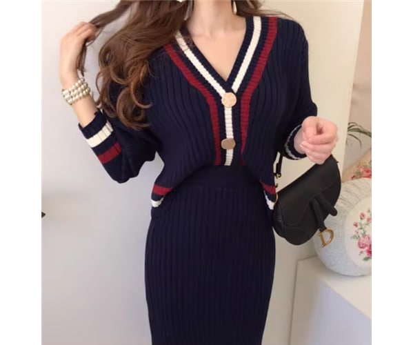 二点セット 上下セット ツーピース レディース スカート ニット カーディガン タイトスカート ニットスカート 膝丈 ミドル丈 長袖 Vネック フェミニン ハイウエスト 前開き ウエストゴム ボタン 5,443円